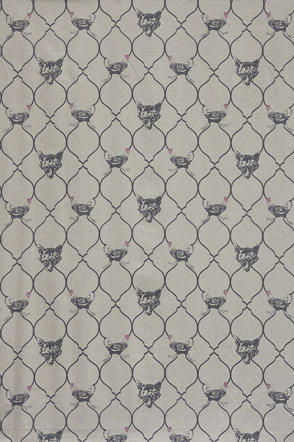 Fox And Hen Fabric Charcoal/Pink On Natural