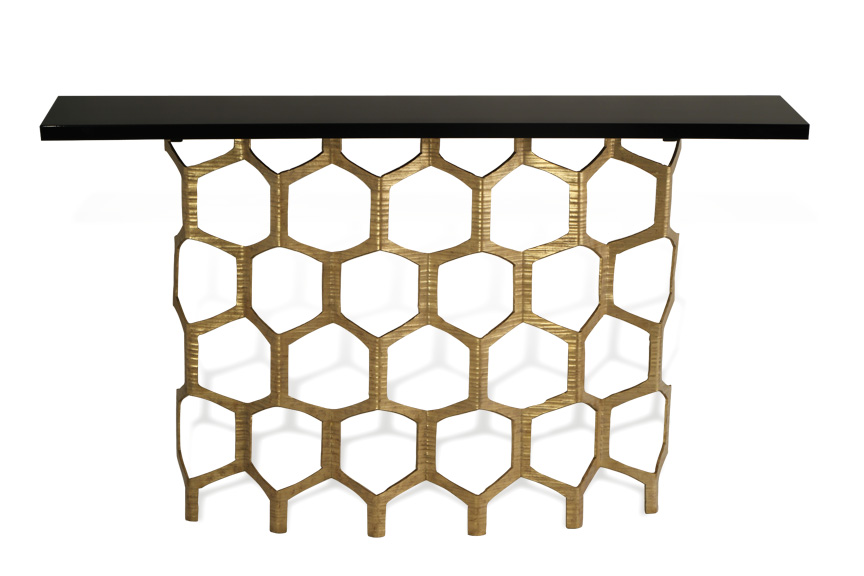 Honeycomb Console Table CCT35 Decayed Gold with Black Lacquer top