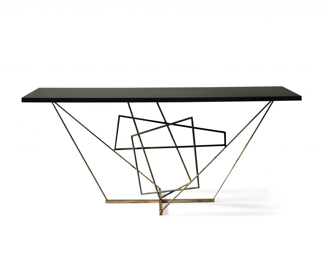 Rhomboid Console Table CCT26 Verdigris, Scratched Gold and Fired Copper with Black Lacquer top